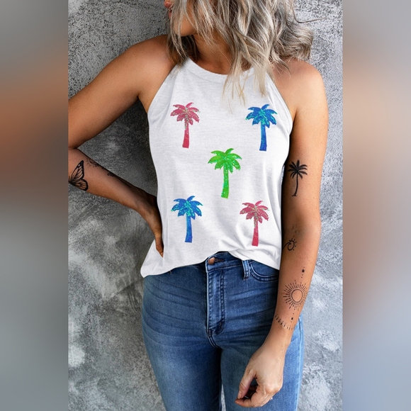 Sequin Coconut Tree Round Neck Tank - Picture 1 of 5